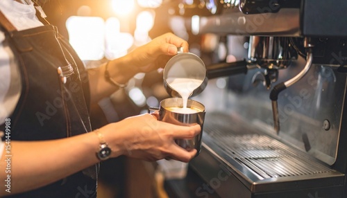 Fototapeta Naklejka Na Ścianę i Meble -  Barista pouring milk into coffee latte art creation.
