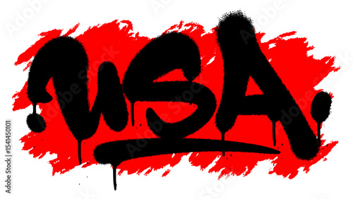 Black spray-painted USA graffiti with bold texture on red background. Perfect for urban patriotic art, apparel design, and gritty American street-style visuals.