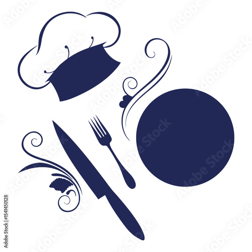 Navy Blue Chefs Hat Fork Knife Plate Swirl Design Restaurant Menu Graphic chef hat