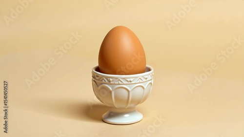 A brown egg is displayed upright in a decorative white egg cup against a beige background.