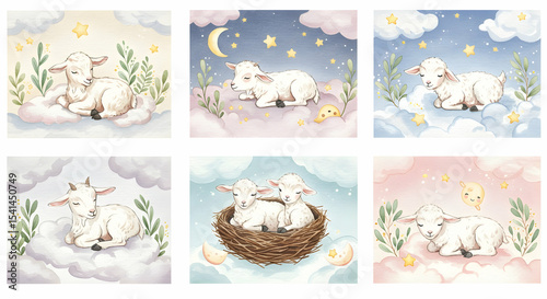 Adorable Baby Goats Sleeping on Clouds Dreamy Nursery Art
