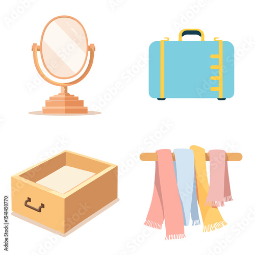 Collection of dressing room items including a mirror, suitcase, drawer, and scarf rack in pastel colors