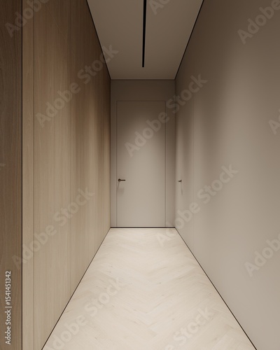 Fototapeta Naklejka Na Ścianę i Meble -  The interior design of a contemporary minimalist home corridor to the living space, a beige wall, a parquet floor, a wooden panels. 3d render, 3d illustration