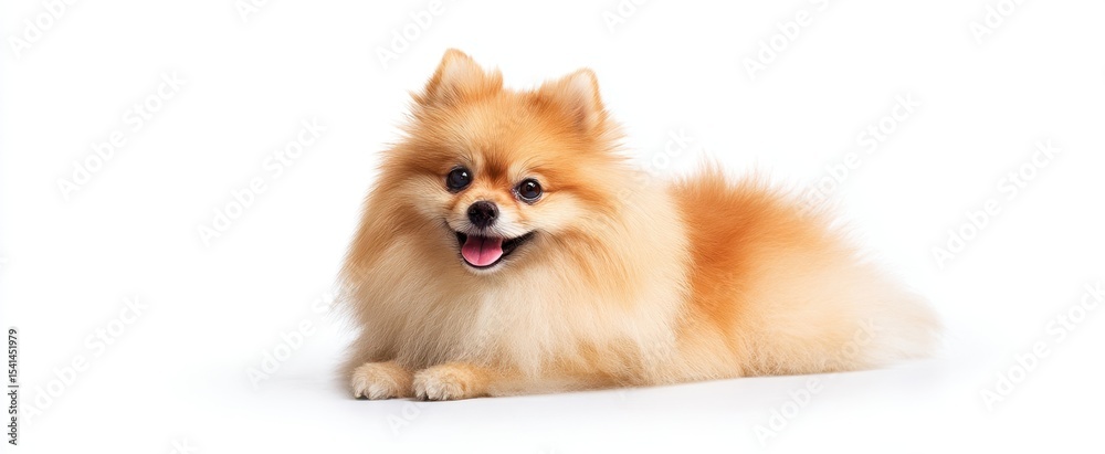 Obraz premium The adorable Pomeranian dog lying on a clean white background.