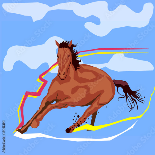 a brown horse is running, with blue sky on backgrounds.