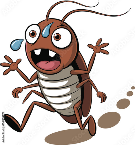 Funny cartoon cockroach character running scared, sweating insect illustration, comical bug, panic expression, isolated on white background, pest control, kids insect drawing clipart