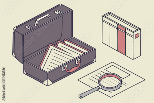 Open briefcase with documents files and magnifying glass