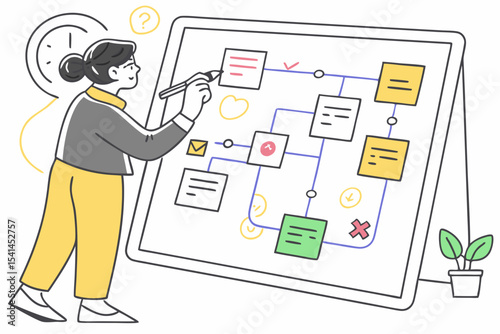 Woman planning workflow on digital whiteboard