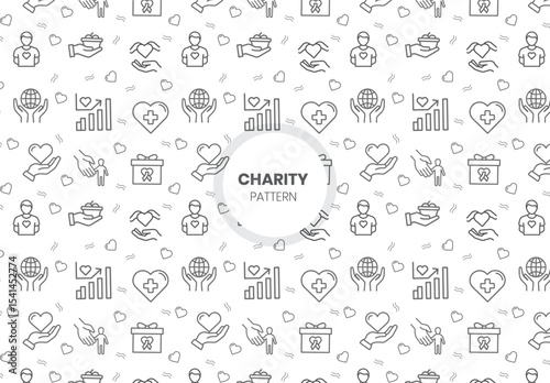  Seamless pattern with charity icon set. charity and donation icon set, Help, volunteer, donated assistance, sharing, and solidarity symbol. Solid icons vector collection.