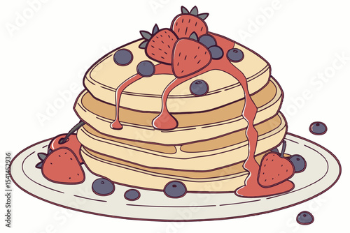 Delicious pancakes stack with strawberries and blueberries