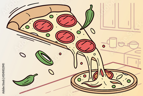 Delicious pizza slice with melted cheese and toppings