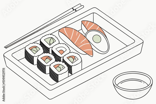 Sushi takeout box with chopsticks and soy sauce