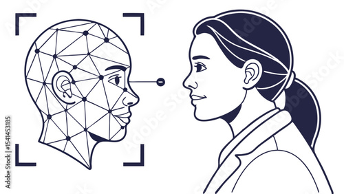 Face recognition technology concept with geometric head and woman in profile view illustration