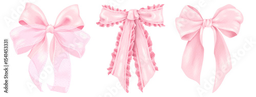Pink  Bow Illustration. Hand Draw coquette bow pink ribbon, bow knots, bow ties, ribbons, and hair bows for gift wrapping, decorations, fashion, and festive designs. Cute elegant bow