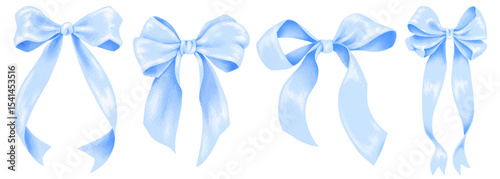 Watercolor blue bow delicate ribbons, hand-painted elegant blue bows on transparent background, for gift decoration, fabric, scrapbooking, banner , card, wrapping paper, baby shower