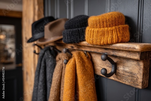 Rustic entryway with hats and scarves on a wooden rack against a dark gray wall, showcasing cozy fall and winter accessories in a stylish home interior setting.