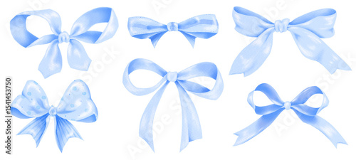 Watercolor blue bow delicate ribbons, hand-painted elegant blue bows on transparent background, for gift decoration, fabric, scrapbooking, banner , card, wrapping paper, baby shower