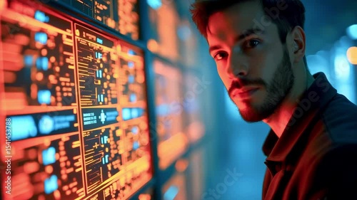 Young man interacting with futuristic digital interface, showcasing data analysis in a tech environment