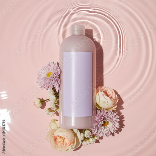 Ethereal beauty product presentation with floral accents and water reflections, offering a serene ambiance for wellness and cosmetic advertising campaigns or promotional materials
