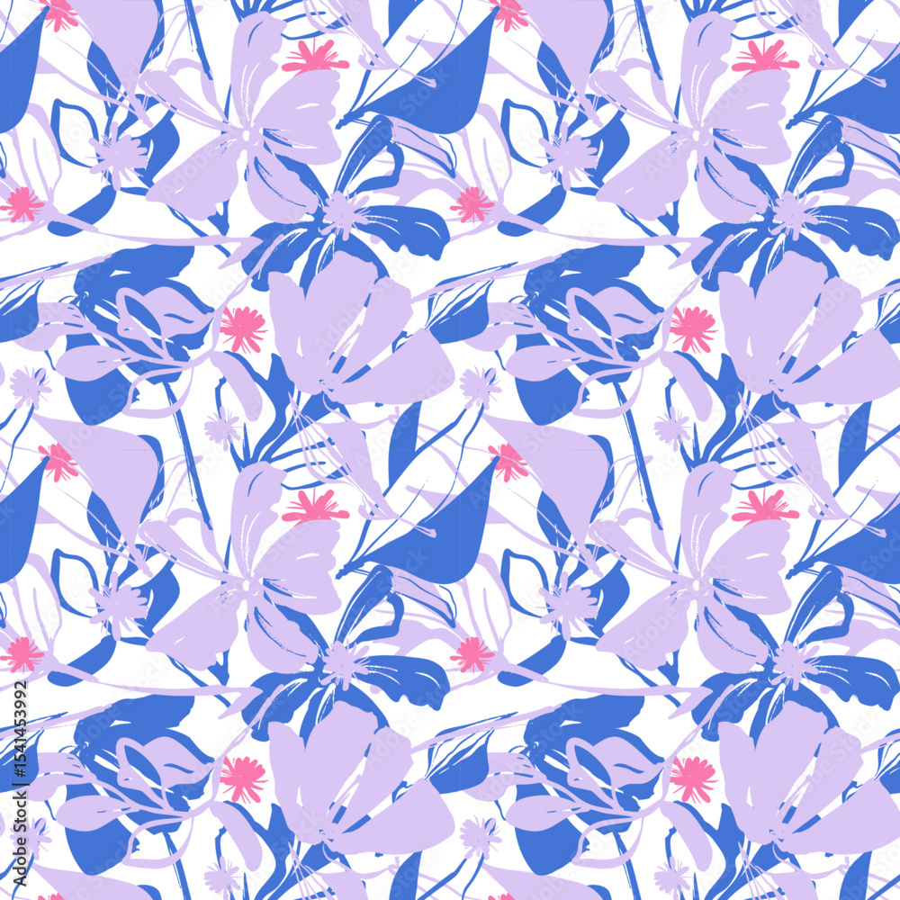 Fototapeta premium Hand-drawn seamless vector pattern of Abstract Ink Flowers. organic forms and bold local color spots. or textile design, stationery, packaging, wallpapers, and modern surface design projects.