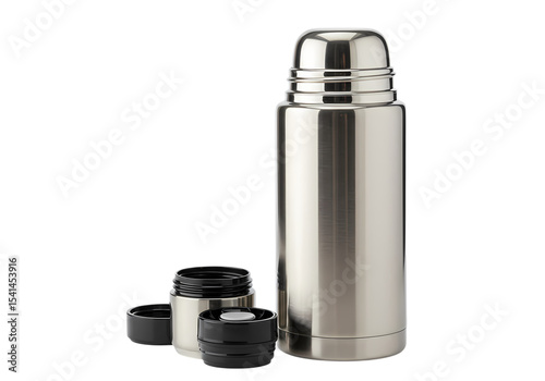 Stainless Steel Vacuum Insulated Flask and Components isolated on transparent baackground