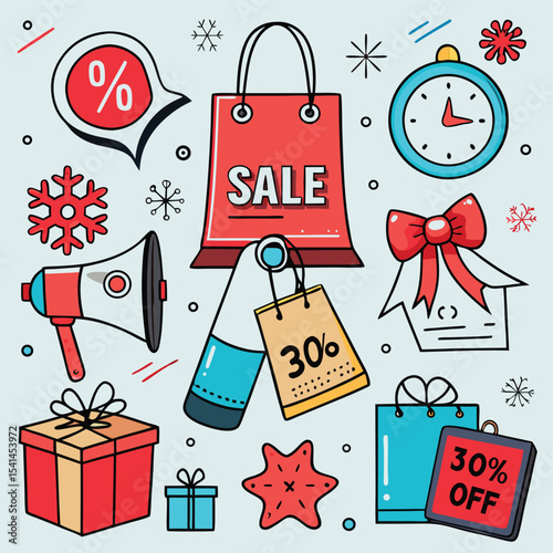 Festive Sale Promotion with Shopping Bags, Gifts, and Discount Tags