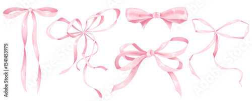 Pink  Bow Illustration. Hand Draw coquette bow pink ribbon, bow knots, bow ties, ribbons, and hair bows for gift wrapping, decorations, fashion, and festive designs. Cute elegant bow