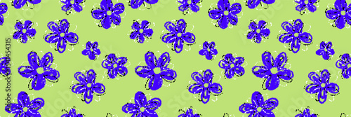 Seamless vector pattern with sketchy blue daisies and centers on a green background. Playful and cheerful design  for children s products, stationery, summer and spring themes