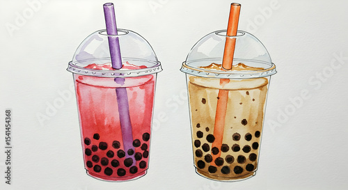 Refreshing Bubble Tea Watercolor Painting Two Cups
