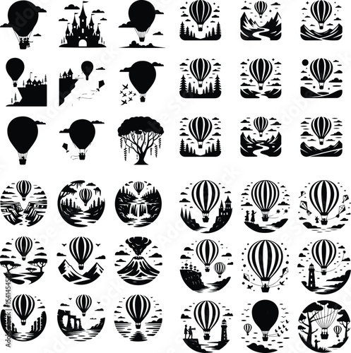 Hot Air Balloon Scene Icon Silhouette Set – Adventure Flight Design Silhouette Set of Scenic Hot Air Balloon – Sky Travel Graphic Icons