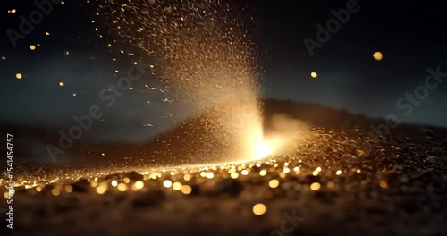 Glowing Sand Eruption at Night with Sparkling Dust