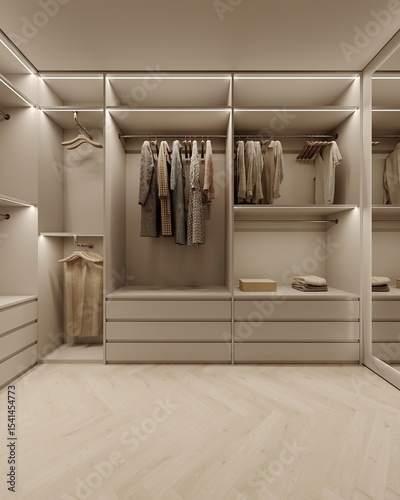 Fototapeta Naklejka Na Ścianę i Meble -  3d rendering minimal scandinavian wood walk in closet with wardrobe