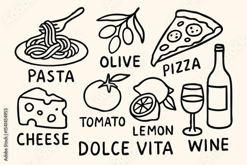 Hand-drawn vector illustration of various Italian dishes, showcasing pasta, pizza, and other traditional foods.