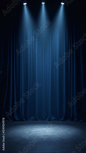 empty 3d room background template of a theater stage spotlights and dark blue and black curtains