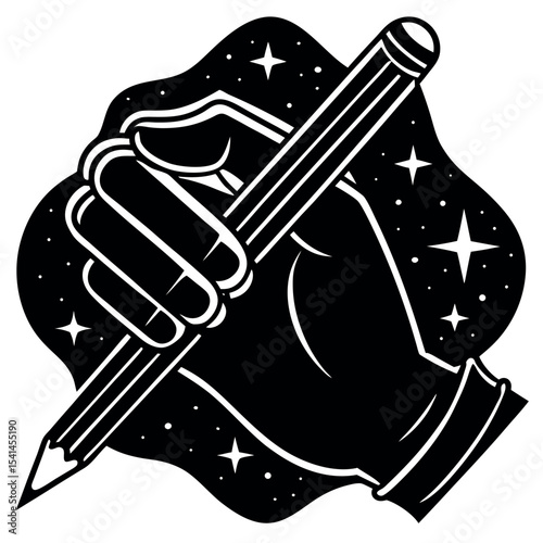 Hand Holding Pencil with Stars Icon
