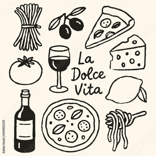 A colorful drawing featuring various Italian dishes and a bottle of wine, showcasing the essence of Italian cuisine.