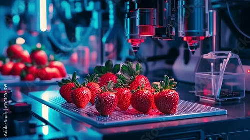 This video features vibrant strawberries highlighted by futuristic technology. Explore the intersection of innovation and agricultural practices. See the future unfold. Generative AI