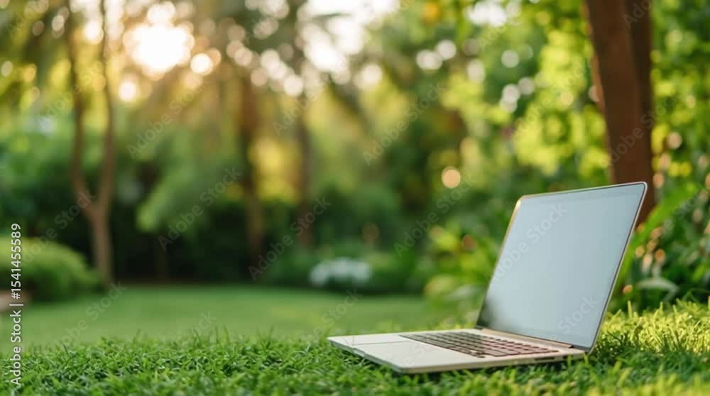 Laptop notebook computer placed in nature field outdoors conceptual image symbolizing work life balance remote flexibility and productivity digital detox and disconnection from technology