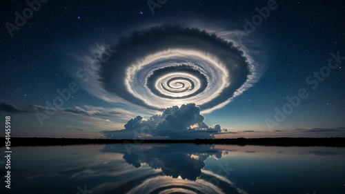 Mesmerizing Spiral Cloud Formation Reflected in Tranquil Waters Under a Starry Night Sky