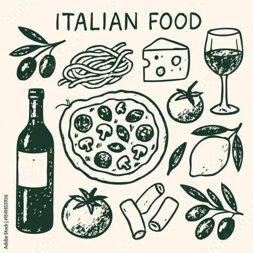 A vector illustration featuring hand-drawn icons of Italian cuisine, showcasing pasta, pizza, and other traditional dishes.