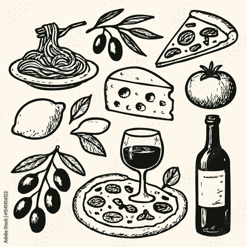 A detailed illustration of traditional Italian cuisine, highlighting dishes and a bottle of wine, evoking a culinary experience.