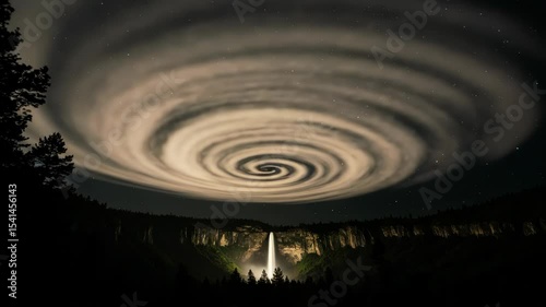 Mesmerizing Time-Lapse of Cloud Vortex Over Waterfall at Night, Starry Sky and Nature