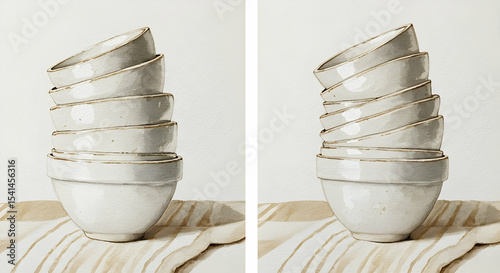 Stack of White Ceramic Bowls Still Life Home Decor