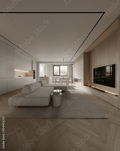 Fototapeta Naklejka Na Ścianę i Meble -  Interior of modern living room with white walls, wooden floor, comfortable white sofa and kitchen with wooden cabinets and bar in the background. 3d rendering
