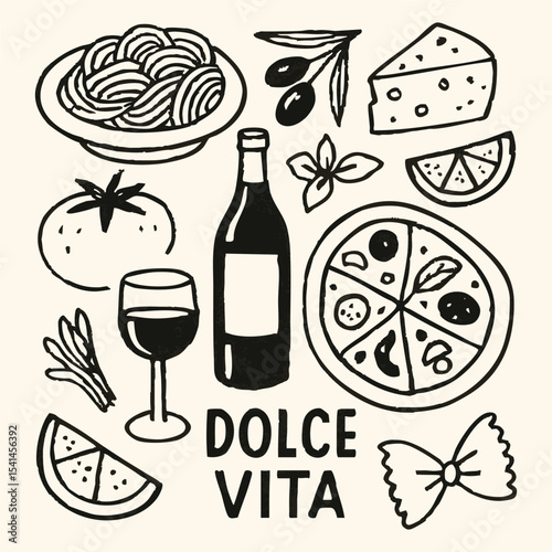 An artistic representation of Italian food, including pasta and cheese, accompanied by a glass of red wine.