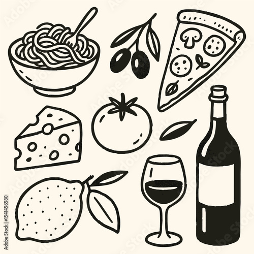A colorful drawing featuring various Italian dishes and a bottle of wine, showcasing the essence of Italian cuisine.