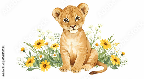 Adorable Lion Cub in a Wildflower Meadow