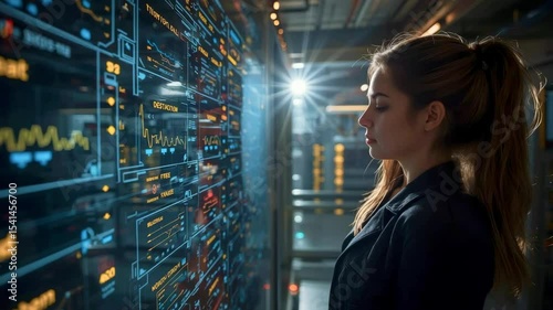 Young woman analyzing digital data on a futuristic interface in a high-tech environment