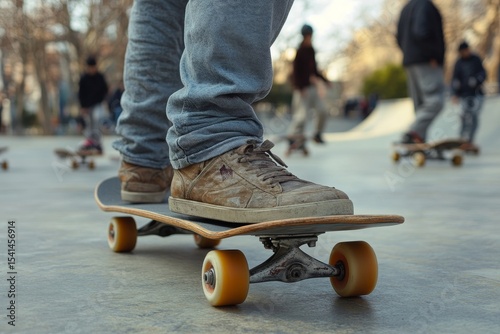 Friends playing with skateboards at the skate park, having a great time practicing tricks and enjoying the energy of the skateboarding culture, Generative AI