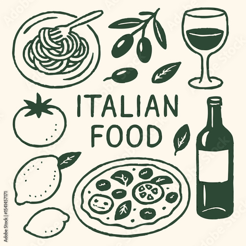A vector illustration featuring hand-drawn icons of Italian cuisine, showcasing pasta, pizza, and other traditional dishes.